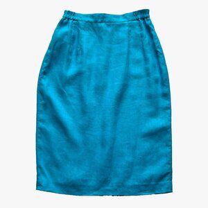 Bright Turquoise Teal Blue Linen Below the Knee Pencil Skirt, Vintage Suri sz 2